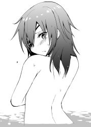 Rule 34 | 1girl, blush, commentary request, copyright request, covering privates, covering breasts, embarrassed, eyepatch, from behind, greyscale, highres, looking at viewer, looking back, masukuza j, monochrome, nude, partially submerged, simple background, solo, water, water surface, wet, white background
