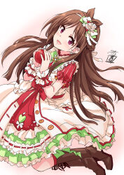 Rule 34 | 1girl, absurdres, antenna hair, apple, blush, boots, bow, bowtie, brown hair, dated, dress, earrings, flower, flower earrings, food, frilled dress, frills, from side, fruit, full body, green bow, green bowtie, green ribbon, hair flower, hair ornament, hair ribbon, hands up, heart, heart hair ornament, highres, holding, holding food, holding fruit, idolmaster, idolmaster cinderella girls, idolmaster cinderella girls starlight stage, jewelry, knee boots, layered dress, long hair, looking at viewer, open mouth, pink background, puffy short sleeves, puffy sleeves, ribbon, scrunchie, sekiya kuzuyu, short sleeves, signature, simple background, smile, solo, tsujino akari, white dress, white flower, white ribbon