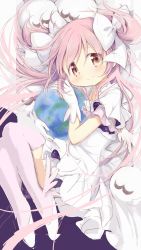 Rule 34 | absurdres, bad id, bad twitter id, blush, breast cutout, cleavage cutout, clothing cutout, clothing request, dress, earth (planet), frilled dress, frills, gesture request, gloves, hair ribbon, highres, hitode, kaname madoka, layered dress, layered shirt, layered sleeves, long hair, looking at viewer, looking away, looking to the side, lying, mahou shoujo madoka magica, mahou shoujo madoka magica (anime), nebula, hugging object, on side, pink hair, pink thighhighs, planet, pleated skirt, ribbon, short sleeves, skirt, smile, solo, thighhighs, two side up, ultimate madoka, very long hair, white dress, white gloves, white ribbon, winged footwear, yellow eyes