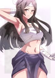 Rule 34 | 1girl, absurdres, arm up, armpits, bandages, bare shoulders, black hair, black skirt, breasts, cleavage, commentary request, cowboy shot, fire emblem, fire emblem awakening, headband, highres, long hair, medium breasts, midriff, navel, nintendo, say&#039;ri (fire emblem), skirt, solo, standing, stomach, strapless, to (tototo tk), tube top, very long hair, white headband, wrist wrap