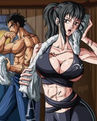 Rule 34 | 1boy, 1girl, abs, aged down, alternate costume, angry, black hair, breasts, brown eyes, cleavage, couple, dark-skinned male, dark skin, gym uniform, highres, large breasts, looking at another, monkey d. garp, muscular, muscular arms, muscular female, muscular male, one piece, pale skin, pectorals, scar, scar on arm, scar on chest, scar on face, scar on stomach, signature, teasing, thick thighs, thighs, towel, tsuru (one piece), veins