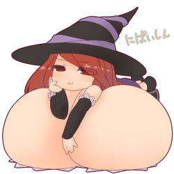 Rule 34 | 1girl, bare shoulders, breast press, breasts, brown eyes, brown hair, chibi, cleavage, detached sleeves, dragon&#039;s crown, eyes visible through hair, facing viewer, full body, gigantic breasts, hat, long hair, looking at viewer, lying, mnjs, on stomach, red hair, simple background, smile, solo, sorceress (dragon&#039;s crown), translation request, white background, witch hat