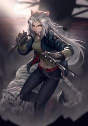 Rule 34 | 1girl, animal ears, arknights, belt, black pants, blue jacket, brass knuckles, breasts, brown shirt, chain, closed mouth, dun ji, dust, fighting stance, grey hair, highres, indra (arknights), jacket, leg up, long hair, long sleeves, looking at viewer, medium breasts, navel, open clothes, open jacket, pants, scar, scar on face, scar on nose, shirt, solo, standing, standing on one leg, tail, tiger, tiger ears, tiger girl, tiger tail, v-shaped eyebrows, very long hair, weapon, yellow eyes