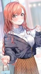 Rule 34 | 1girl, arisugawa natsuha, bag, belt, belt buckle, black belt, black jacket, blurry, blurry background, blush, breasts, brown eyes, brown skirt, buckle, closed mouth, commentary request, day, depth of field, eyebrows hidden by hair, hair between eyes, twirling hair, hand up, highres, holding, holding bag, idolmaster, idolmaster shiny colors, jacket, looking at viewer, medium breasts, off shoulder, open clothes, open jacket, orange hair, outdoors, pleated skirt, ribbed sweater, shaka (staito0515), skirt, solo, standing, sweater, turtleneck, turtleneck sweater, valentine, white sweater
