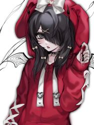 Rule 34 | 1girl, ame-chan (needy girl overdose), animal ears, animal hood, bat wings, black choker, black eyes, black hair, black nails, blunt bangs, bow, choker, commentary, english commentary, hair bow, hair ornament, hair over one eye, hand up, heart, heart choker, highres, hood, hood up, hoodie, long hair, long sleeves, looking at viewer, mokiette, nail polish, needy girl overdose, official alternate costume, open mouth, rabbit ears, rabbit hood, red hoodie, solo, tongue, tongue out, upper body, white background, white bow, wings, x hair ornament