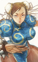 Rule 34 | 1girl, bad id, bad pixiv id, breasts, brown eyes, brown hair, bun cover, capcom, china dress, chinese clothes, chun-li, curvy, double bun, dress, hip focus, large breasts, pantyhose, pelvic curtain, solo, street fighter, unoo, unu, wide hips