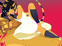 Rule 34 | 1girl, :3, animal crossing, animal ears, ankha (animal crossing), arm warmers, bare shoulders, black eyes, black hair, black nails, blonde hair, bob cut, breasts, cat ears, cat tail, claws, dress, egyptian clothes, foot out of frame, furry, furry female, gold, gradient background, grey background, hair ornament, highres, idkuroi, leaning on object, leg warmers, looking at viewer, medium breasts, medium hair, multicolored hair, nail polish, nintendo, parted lips, red background, simple background, sleeveless, sleeveless dress, solo, tail, triangle mouth, tsurime, two-tone hair, white dress