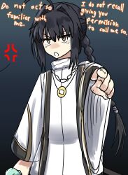 Rule 34 | 1other, absurdres, ahoge, anger vein, black hair, ebora, english text, fate/samurai remnant, fate (series), highres, instant loss, japanese clothes, looking at viewer, pointing, yamato takeru (fate), yellow eyes