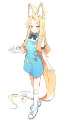 Rule 34 | 1girl, angel&#039;s 24 uniform (blue archive), animal, animal ears, apron, bird, blonde hair, blue apron, blue archive, blush, closed mouth, collared shirt, extra ears, fox ears, full body, halo, highres, long hair, polo shirt, seia (blue archive), shirt, shoes, short sleeves, simple background, smile, socks, solo, syhan, white background, white bird, white footwear, white shirt, white socks, yellow eyes, yellow halo
