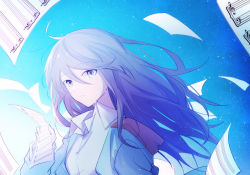 Rule 34 | 1girl, black hair, blue jacket, blue sky, collared shirt, expressionless, floating hair, gradient sky, grey eyes, hair between eyes, hibioes, highres, holding, holding paper, hood, hood down, hooded jacket, hoshino ichika (project sekai), jacket, long hair, looking at viewer, messy hair, paper, parted lips, project sekai, sheet music, shirt, sky, solo, star (sky), starry sky, swept bangs, tsurime, upper body, white shirt