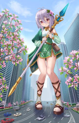 Rule 34 | 1girl, absurdres, antenna hair, bare shoulders, blue sky, branch, bridal gauntlets, brown footwear, building, car, closed mouth, cloud, commentary request, day, detached sleeves, dress, flower, full body, giant, giantess, green dress, grey hair, hair between eyes, highres, holding, holding polearm, holding weapon, iroha (iroha matsurika), kokkoro (princess connect!), long sleeves, looking at viewer, making-of available, motor vehicle, outdoors, pink flower, platform footwear, polearm, princess connect!, puffy long sleeves, puffy sleeves, red eyes, see-through, see-through sleeves, sky, sleeveless, sleeveless dress, smile, socks, solo, spear, standing, toeless legwear, toes, truck, weapon, white socks