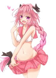 Rule 34 | 1boy, adapted costume, astolfo (fate), astolfo (sailor paladin) (fate), black bow, black ribbon, bow, braid, cowboy shot, fang, fate/apocrypha, fate/grand order, fate (series), hair intakes, hair ribbon, long braid, long hair, looking at viewer, male focus, midriff, multicolored hair, navel, official alternate costume, open mouth, pink hair, purple eyes, red sailor collar, ribbon, sailor collar, single braid, solo, streaked hair, tetranono, trap, very long hair