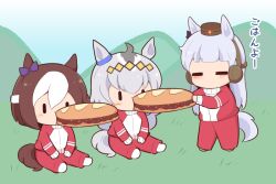 Rule 34 | 3girls, ahoge, animal ears, baguette, blush stickers, bow, braid, bread, brown hair, brown headwear, chibi, closed eyes, day, ear bow, ear covers, food, gold ship (umamusume), gomashio (goma feet), grey hair, hat, horse ears, horse girl, horse tail, jacket, long hair, long sleeves, mini hat, multicolored hair, multiple girls, no shoes, oguri cap (umamusume), on grass, outdoors, pants, purple bow, red jacket, red pants, sitting, sleeves past wrists, special week (umamusume), standing, tail, track jacket, track pants, track suit, translation request, two-tone hair, umamusume, very long hair, white hair