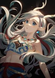 Rule 34 | 1girl, a deer of nine colors, animal ears, antlers, arknights, bare arms, bare shoulders, blue eyes, blue hair, chinese commentary, commentary request, crop top, deer antlers, deer ears, earrings, highres, horns, jewelry, kongzao, looking at viewer, midriff, multicolored hair, navel, necklace, nine-colored deer, parted lips, red hair, shirt, silver hair, solo, stomach, strapless, strapless shirt, upper body