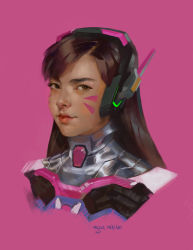 Rule 34 | 1girl, artist name, bodysuit, brown eyes, brown hair, commentary, d.va (overwatch), closed eyes, facepaint, facial mark, headset, light smile, lips, long hair, looking at viewer, miguel mercado, nose, overwatch, overwatch 1, pink background, portrait, red lips, simple background, solo, whisker markings