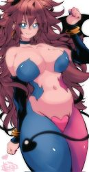 Rule 34 | 1girl, android 21, blue eyes, breasts, brown hair, cleavage, demon tail, demon wings, dragon ball, dragon ball fighterz, earrings, fingernails, highres, huge breasts, jewelry, kinakomochi (user vedc2333), long hair, looking at viewer, navel, tagme, tail, wings
