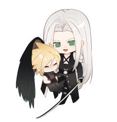 Rule 34 | 2boys, angry, armor, belt, black coat, black footwear, black gloves, black wings, blonde hair, blush, boots, buckle, chest harness, chibi, closed eyes, cloud strife, coat, dapanggezilan, feathered wings, final fantasy, final fantasy vii, gloves, green eyes, grey hair, harness, highres, holding, holding sword, holding weapon, katana, knee boots, long bangs, long hair, male focus, multiple boys, open clothes, open coat, open mouth, parted bangs, pauldrons, sephiroth, short hair, shoulder armor, single pauldron, single wing, sitting, sitting on lap, sitting on person, smile, standing, standing on one leg, suspenders, sword, weapon, wings, yaoi