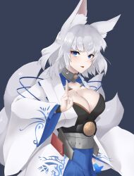 Rule 34 | 1girl, :d, absurdres, animal ears, arm behind back, azur lane, blue eyes, blue skirt, blush, breasts, cleavage, cleavage cutout, clothing cutout, commentary request, eyeshadow, fang, fox ears, fox girl, fox tail, hand up, highres, japanese clothes, kaga (azur lane), kimono, kitsune, kuji-in, large breasts, long sleeves, looking at viewer, makeup, medium hair, multiple tails, nagatokks, no mask, open mouth, pleated skirt, print kimono, shikigami, skirt, smile, solo, tail, white hair, white kimono, wide sleeves