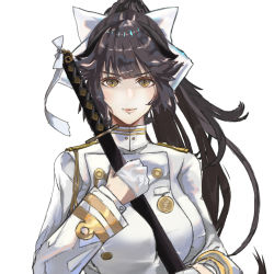 Rule 34 | 1girl, aiguillette, azur lane, black hair, bow, breasts, closed mouth, commentary request, gloves, hair bow, half gloves, high ponytail, holding, holding sword, holding weapon, kdm (ke dama), large breasts, long hair, looking at viewer, military, military uniform, pink lips, ponytail, ribbon, simple background, smile, sword, takao (azur lane), uniform, weapon, white background, white bow, white gloves, white ribbon, yellow eyes