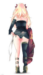 Rule 34 | 1girl, adjusting clothes, ass, azumi (myameco), back, black panties, black sleeves, blonde hair, commentary request, detached sleeves, dress, ereshkigal (fate), fate/grand order, fate (series), from behind, full body, long hair, panties, red ribbon, ribbon, simple background, single sleeve, solo, strapless, strapless dress, underwear, white background