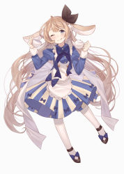 Rule 34 | 1girl, :3, :q, alice (alice in wonderland), alice in wonderland, animal ears, apron, black footwear, blonde hair, blue eyes, blush, closed mouth, cup, dress, frilled apron, frills, full body, hair between eyes, hair ribbon, highres, holding, holding cup, juliet sleeves, long hair, long sleeves, looking at viewer, nagitoki, original, pantyhose, puffy sleeves, rabbit ears, ribbon, shoes, simple background, solo, striped clothes, striped dress, teacup, teapot, tongue, tongue out, vertical-striped clothes, vertical-striped dress, very long hair, white background, white pantyhose
