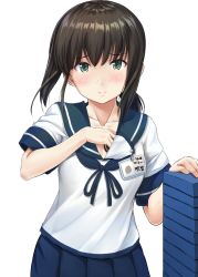 Rule 34 | 1girl, bad id, bad twitter id, black hair, blush, breasts, collarbone, commentary request, cookie, food, fubuki (kancolle), highres, holding, holding food, ichikawa feesu, kantai collection, long hair, looking at viewer, low ponytail, oreo, pleated skirt, ponytail, school uniform, serafuku, short ponytail, short sleeves, sidelocks, skirt, small breasts, smile, solo