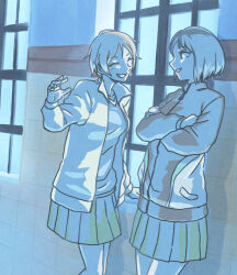 Rule 34 | amishima matsuri, closed eyes, commentary request, crossed arms, gari, hand up, inamoto miyu, jacket, looking at another, okujou no yurirei-san, open mouth, partially colored, pleated skirt, short hair, skirt, smile, sweater, track jacket, yuri