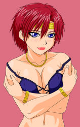 Rule 34 | 1girl, after war gundam x, bad id, bad pixiv id, bare shoulders, blue eyes, blush, bracelet, breasts squeezed together, breasts, cleavage, earrings, ennil el, gundam, headband, jewelry, large breasts, lipstick, makani kohitujito, makeup, midriff, navel, necklace, red hair, short hair, solo