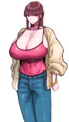 Rule 34 | 1girl, breasts, brown hair, cleavage, huge breasts, jacket, long hair, looking at viewer, original, pink shirt, red eyes, shirt, simple background, solo, tank top, upper body, white background, wolffeld price