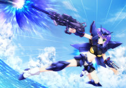 Rule 34 | 1girl, :o, arm cannon, bike shorts, breasts, cloud, emphasis lines, flying, gespenst, gun, highres, holding, holding gun, holding weapon, light blush, madai taipe, mecha musume, midriff, navel, ocean, open hand, open mouth, personification, short hair, sky, small breasts, solo, super robot wars, super robot wars original generation, surprised, weapon