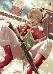 Rule 34 | 1girl, assault rifle, blonde hair, bolt action, boots, braid, bullpup, cammy white, candy, candy cane, capcom, capelet, christmas, famas, food, green eyes, gun, hat, leotard, okazuwa shake, remington model 700, rifle, rooftop, santa boots, santa costume, santa hat, scar, sniper rifle, solo, spread legs, steyr aug, street fighter, thighhighs, weapon, white thighhighs