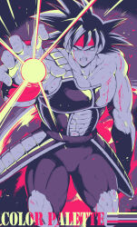 Rule 34 | 1boy, arm up, armor, bardock, bb m0024, biceps, black eyes, black hair, blood, blood on face, clenched teeth, collarbone, color guide, commentary request, cowboy shot, crack, dragon ball, dragonball z, energy, headband, highres, limited palette, looking at viewer, male focus, muscular, muscular male, pants, pectorals, red headband, red wristband, saiyan armor, scratches, short hair, simple background, solo, spiked hair, standing, teeth, tight clothes, tight pants, torn clothes, torn pants, v-shaped eyebrows, wristband