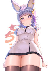 Rule 34 | 1girl, bare shoulders, blue hair, blush, breasts, brown thighhighs, cleavage, commentary request, dress, earclip, erune, granblue fantasy, highres, long hair, looking at viewer, medium breasts, purple eyes, short dress, solo, thighhighs, thighs, tikoh, tomo (tmtm mf mf), white dress