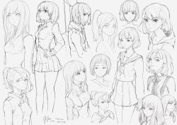 Rule 34 | 1girl, arm at side, artist name, blouse, blush, buttons, commentary, dated, drawstring, geo siador, hand on own hip, highres, hood, hooded jacket, jacket, long hair, long sleeves, looking at viewer, monochrome, multiple views, neckerchief, original, pleated skirt, ponytail, sailor collar, shirt, short hair, signature, sketch, skirt, standing