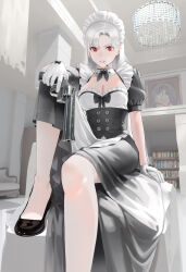 Rule 34 | 1girl, blush, bookshelf, breasts, chandelier, cigarette, cleavage, clenched teeth, earrings, frills, gloves, gun, handgun, highres, holding, holding gun, holding weapon, jewelry, kfr, long hair, looking at viewer, maid, maid headdress, medium breasts, original, portrait (object), purple eyes, red eyes, revolver, sitting, socks, solo, teeth, weapon, white gloves, white hair, white socks