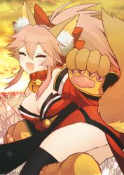 Rule 34 | 1girl, animal ear fluff, animal ears, animal hands, bell, blush, breasts, cat paws, cleavage, closed eyes, collar, fangs, fate/grand order, fate (series), fox ears, fox girl, fox tail, gloves, hair ornament, hair ribbon, highres, japanese clothes, jingle bell, kimono, large breasts, long hair, nature, neck bell, open mouth, outdoors, paw gloves, paw shoes, pink hair, ponytail, red kimono, red ribbon, ribbon, shoes, suzukimadaka, tail, tamamo (fate), tamamo cat (fate), tamamo cat (first ascension) (fate)
