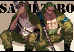 Rule 34 | bandaid, bandaid on face, bare pectorals, belt, black footwear, blonde hair, character name, cigarette, coat, collarbone, curly eyebrows, earrings, eyewear on headwear, green coat, green hair, green pants, hair over one eye, helmet, highres, jewelry, katana, military, mirin (coene65), muscular, muscular male, necktie, one piece, pants, pectorals, roronoa zoro, sanji (one piece), scar, scar across eye, scar on chest, shirt, short hair, short sleeves, simple background, single earring, sitting, smoking, sunglasses, sword, weapon, weapon on back, white shirt
