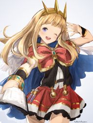 Rule 34 | 1girl, blonde hair, blue eyes, blush, book, cagliostro (granblue fantasy), cape, crown, granblue fantasy, hairband, long hair, looking at viewer, murata tefu, open mouth, simple background, skirt, smile, solo, white background