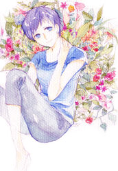 Rule 34 | 1girl, blue eyes, blue shirt, breasts, earrings, faux traditional media, feet out of frame, flower, grey pants, hand up, jewelry, looking at viewer, missegg, natsuyuki rendezvous, pants, shimao rokka, shirt, short hair, short sleeves, sitting, small breasts, solo, stud earrings