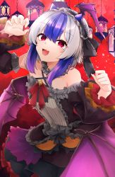 Rule 34 | 1girl, :d, absurdres, alternate costume, bare shoulders, bat wings, breasts, claw pose, dress, fang, frills, gunsou1350, hands up, head wings, highres, horns, lantern, multicolored hair, off-shoulder dress, off shoulder, open mouth, skin fang, small breasts, smile, tokiko (touhou), touhou, two-tone hair, wings