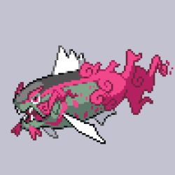 Rule 34 | basculegion, commentary request, creatures (company), fangs, fish, full body, game freak, grey background, lowres, nintendo, no humans, onigashira ginkaku, open mouth, pink eyes, pixel art, pokemon, pokemon (creature), simple background, sprite, tongue