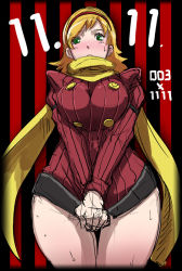 Rule 34 | 009 re:cyborg, 10s, 1girl, blonde hair, blush, breasts, butcha-u, curvy, cyborg 009, francoise arnoul, green eyes, large breasts, long hair, pocky day, ribbed sweater, scarf, shirt tug, sketch, smiley face, solo, sweat, sweater, thigh gap, wide hips