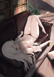 Rule 34 | 0shino, 1girl, bare shoulders, barefoot, black panties, bookshelf, couch, crop top, food, highres, holding, legs up, long hair, lying, no pants, off-shoulder shirt, off shoulder, on back, on couch, original, panties, parted lips, popsicle, red eyes, shirt, short sleeves, side-tie panties, solo, string panties, thighs, underwear, white hair, white shirt
