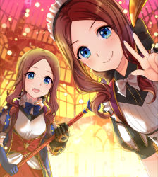 Rule 34 | &gt;:), 2girls, :d, alle gro, black bow, black dress, blue gloves, blush, bow, breasts, brown hair, closed mouth, commentary request, dress, fate/grand order, fate (series), forehead, gauntlets, gloves, hair bow, hand up, holding, holding staff, leonardo da vinci (fate), leonardo da vinci (fate/grand order), leonardo da vinci (rider) (fate), leonardo da vinci (rider) (second ascension) (fate), long hair, looking at viewer, maid headdress, multiple girls, open mouth, parted bangs, puff and slash sleeves, puffy short sleeves, puffy sleeves, red skirt, shirt, short sleeves, sidelocks, single gauntlet, single glove, skirt, small breasts, smile, staff, teeth, upper teeth only, v, v-shaped eyebrows, white shirt