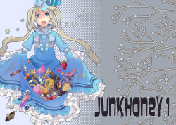 Rule 34 | 1girl, blonde hair, blue eyes, blush, candy, cover, crown, curtsey, doughnut, dress, drill hair, endou minari, female focus, food, fruit, halftone, halftone background, long hair, open mouth, original, plant, sleeves past wrists, smile, solo, strawberry, twintails