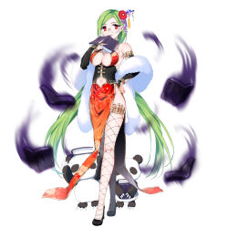 Rule 34 | 1girl, bad id, bad pixiv id, bare shoulders, book, breasts, cleavage, donacoo, full body, green hair, hair ornament, hair stick, high heels, highres, holding, holding book, large breasts, long hair, looking at viewer, navel, official art, original, panda, red eyes, sengoku slayer, simple background, solo, standing, thighhighs, white background, yuuhi homare