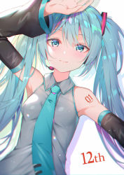 Rule 34 | 1girl, alexmaster, anniversary, arm up, armpits, bare shoulders, blue eyes, blue hair, breasts, collared shirt, commentary request, detached sleeves, drop shadow, grey shirt, hair ornament, hatsune miku, headphones, highres, lapels, long hair, long sleeves, looking at viewer, necktie, shirt, sidelocks, small breasts, smile, solo, twintails, upper body, vocaloid