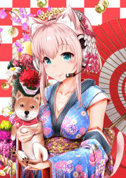 Rule 34 | 1girl, animal ears, blush, breasts, cat ears, cat tail, chinese zodiac, cleavage, detached sleeves, dog, ganari ryuu, green eyes, headphones, highres, japanese clothes, kimono, large breasts, long hair, looking at viewer, original, pink hair, shiba inu, sleeveless, smile, solo, super tama musume, tail, tamatoys, year of the dog