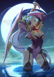 Rule 34 | &gt;:(, 10s, 1girl, 2016, armor, arms up, black thighhighs, blue eyes, breastplate, breasts, cleavage, closed mouth, crescent moon, cropped jacket, dated, diana (league of legends), earrings, eyelashes, facial mark, forehead mark, frown, garter belt, glowing, grey hair, hair ornament, hair slicked back, hat, head tilt, heart, heart earrings, highres, holding, holding weapon, jacket, jewelry, lace, lace-trimmed legwear, lace trim, large breasts, league of legends, leotard, long hair, long sleeves, looking at viewer, looking to the side, moon, night, night sky, pauldrons, pink hat, pink jacket, reflection, ripples, shoulder armor, signature, sky, solo, star (sky), thighhighs, tienao, turtleneck, v-shaped eyebrows, vambraces, very long hair, wading, water, weapon
