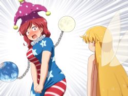 Rule 34 | 2girls, american flag, american flag legwear, bare arms, blonde hair, blush, borrowed clothes, clownpiece, clownpiece (cosplay), commentary request, constricted pupils, cosplay, earth (ornament), embarrassed, emphasis lines, fairy, fairy wings, hat, hecatia lapislazuli, jester cap, leggings, long hair, looking at another, moon (ornament), multiple girls, neck ruff, nose blush, nude, pantyhose, polka dot, polka dot headwear, print legwear, print pantyhose, red eyes, red hair, shirosato, shirt, shirt tug, short sleeves, star (symbol), star print, sweat, t-shirt, touhou, very long hair, wide-eyed, wings